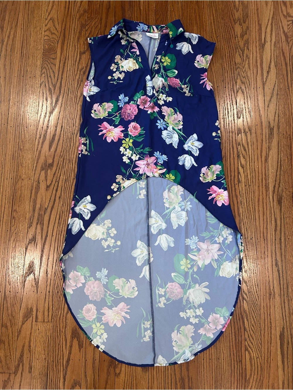 Navy Floral High-Low Sleeveless Tunic Blouse top - Small